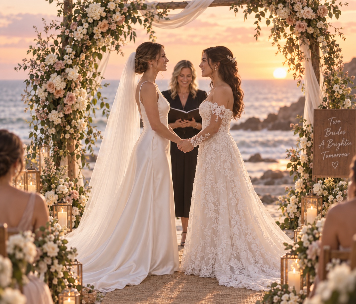 Two brides holding hands at a ceremony beside the sea.