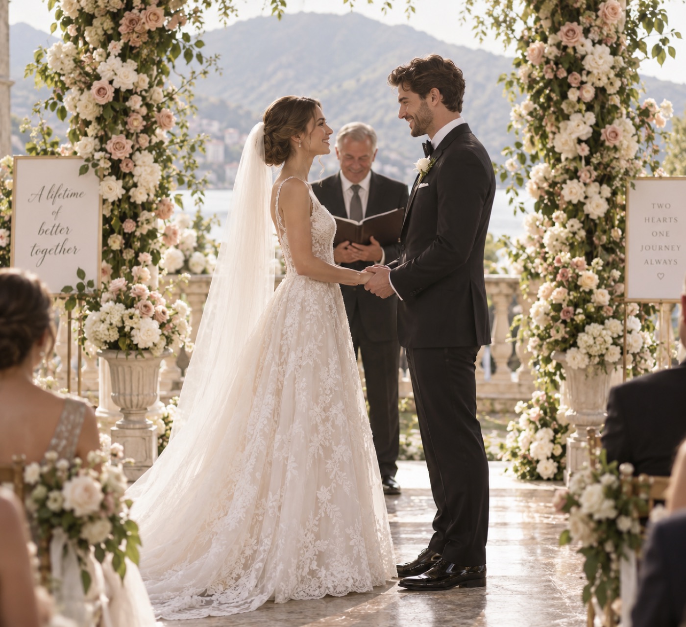 A couple standing together at their wedding ceremony, holding hands.