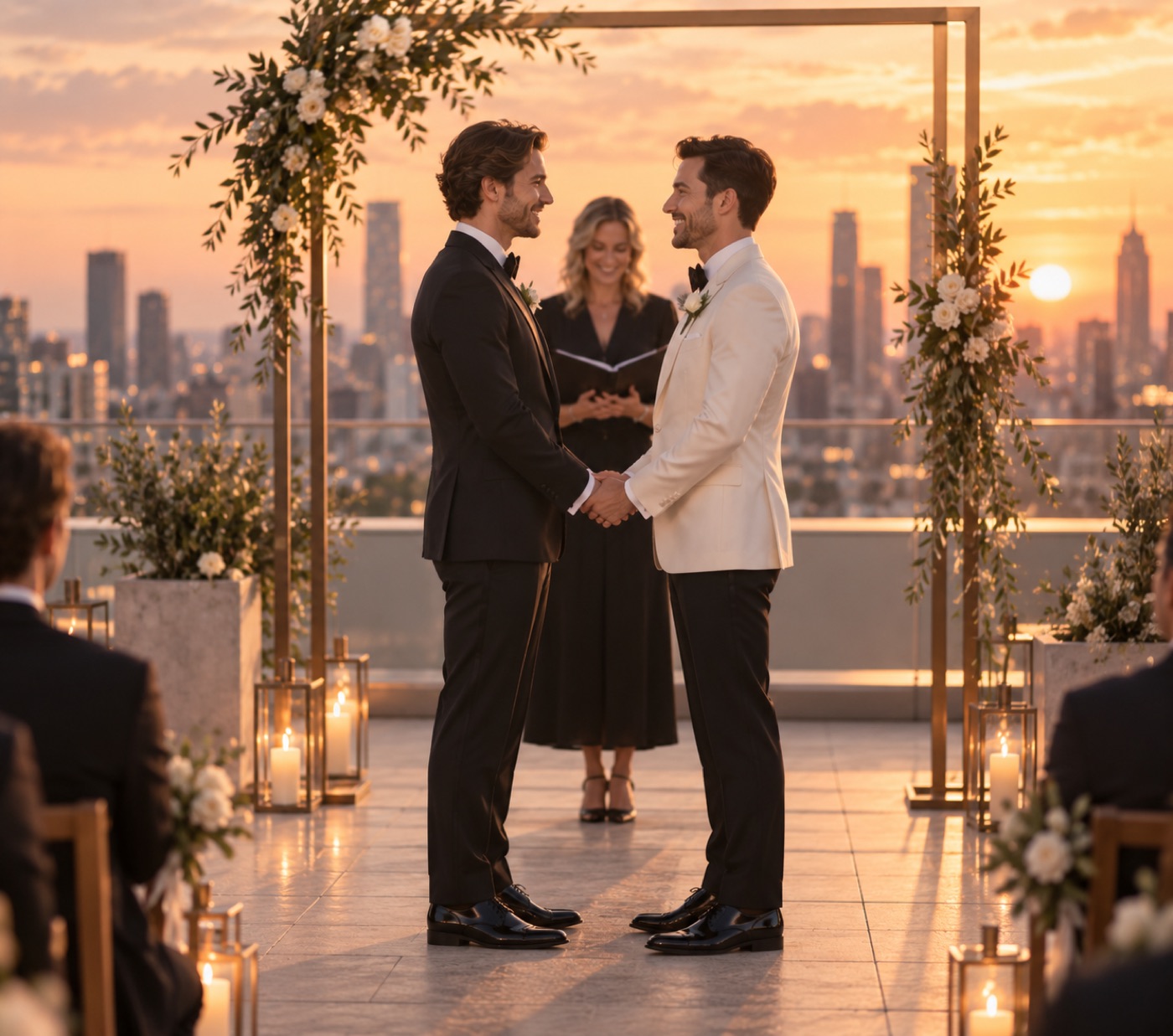 Two grooms holding hands at a rooftop ceremony at sunset.
