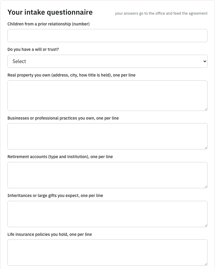 The intake questionnaire in the portal, asking about finances and what the agreement should do.