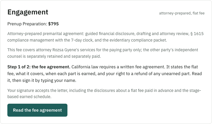 The engagement card in the portal, showing the flat fee and the button to read and sign the fee agreement.