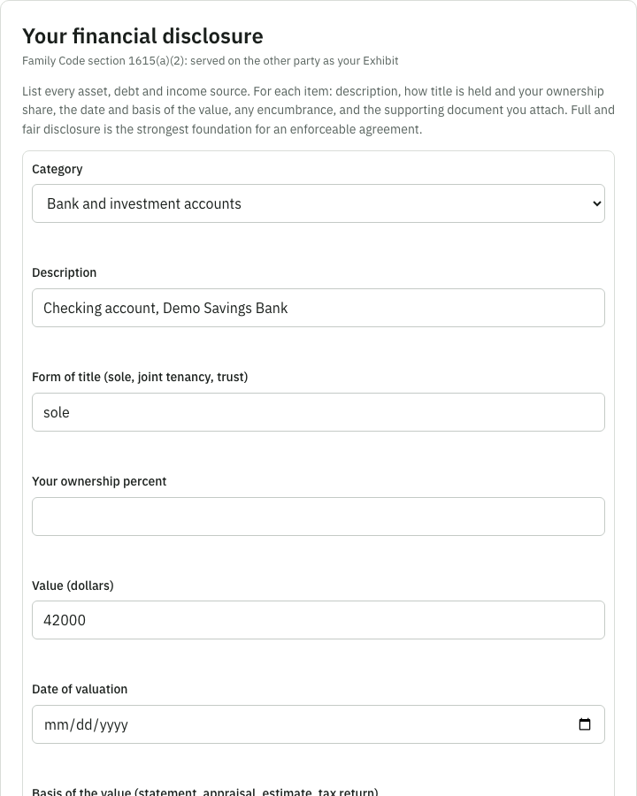 The financial disclosure schedule in the portal, with the declaration under penalty of perjury beneath it.