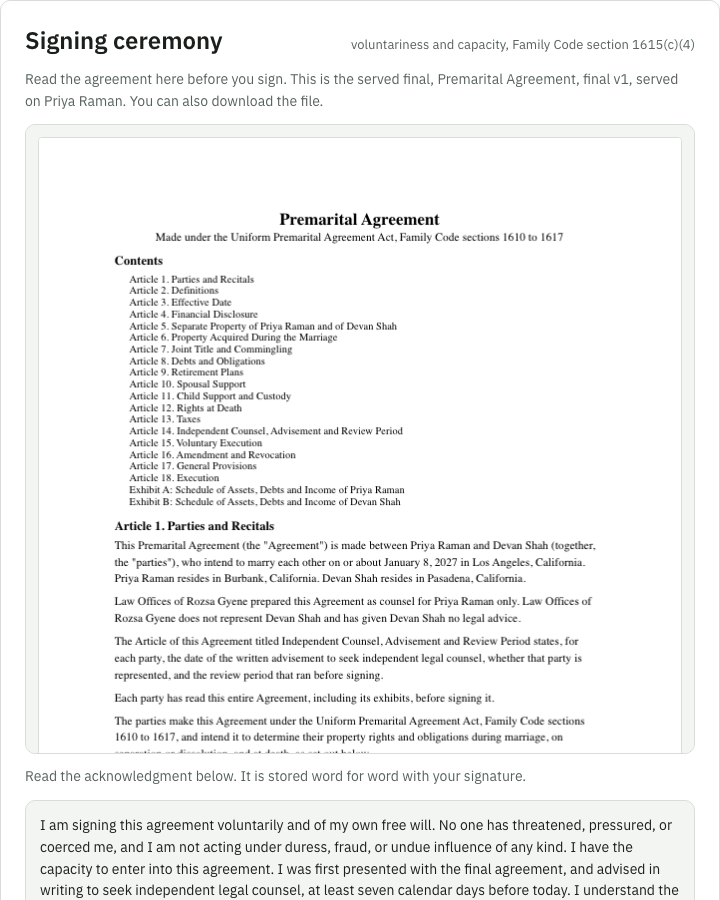 The signing screen in the portal, with the served agreement, the acknowledgment text and the field for a typed signature.